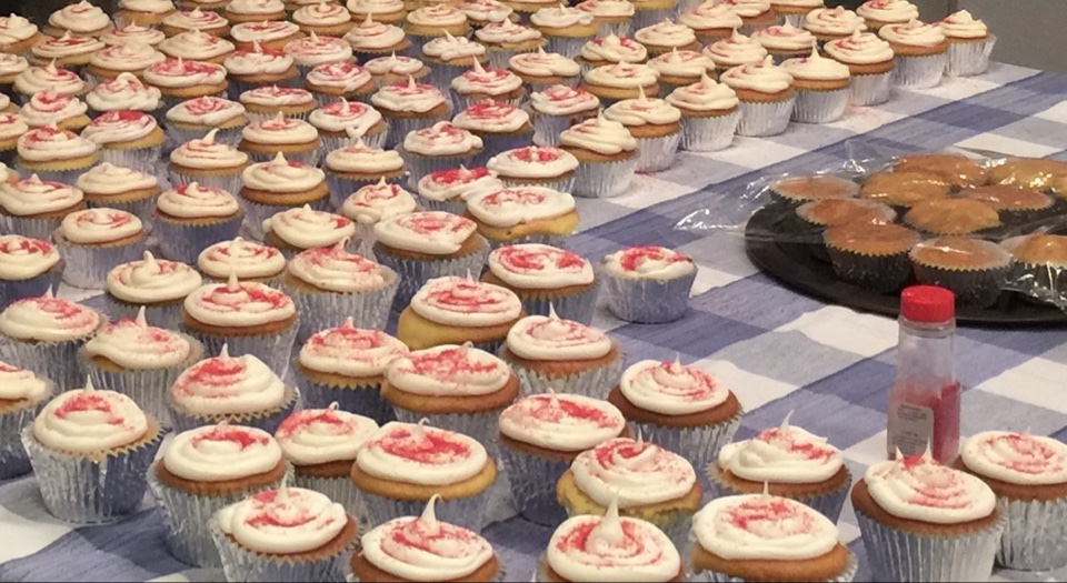 Cupcakes with white frosting and red sprinkles arranged on a blue checkered tablecloth